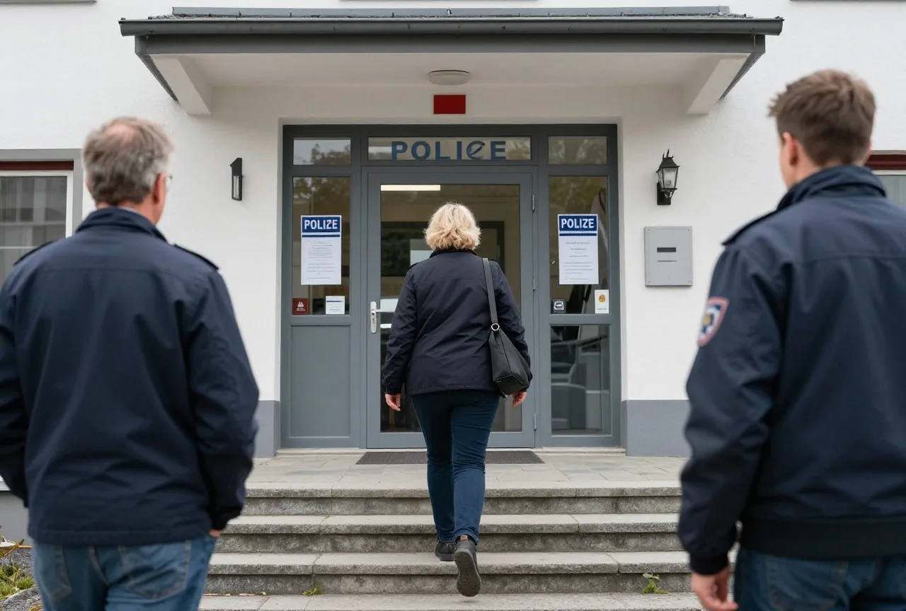 Eine Frau in den Fünfzigern geht bei Tageslicht die Steinstufen zum Eingang einer kleinen Polizeiwache hinauf