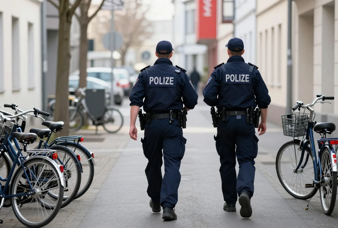 Zwei Polizisten in Uniform von hinten auf einer ruhigen Stadtstraße am Morgen, am Gehweg stehen Fahrräder