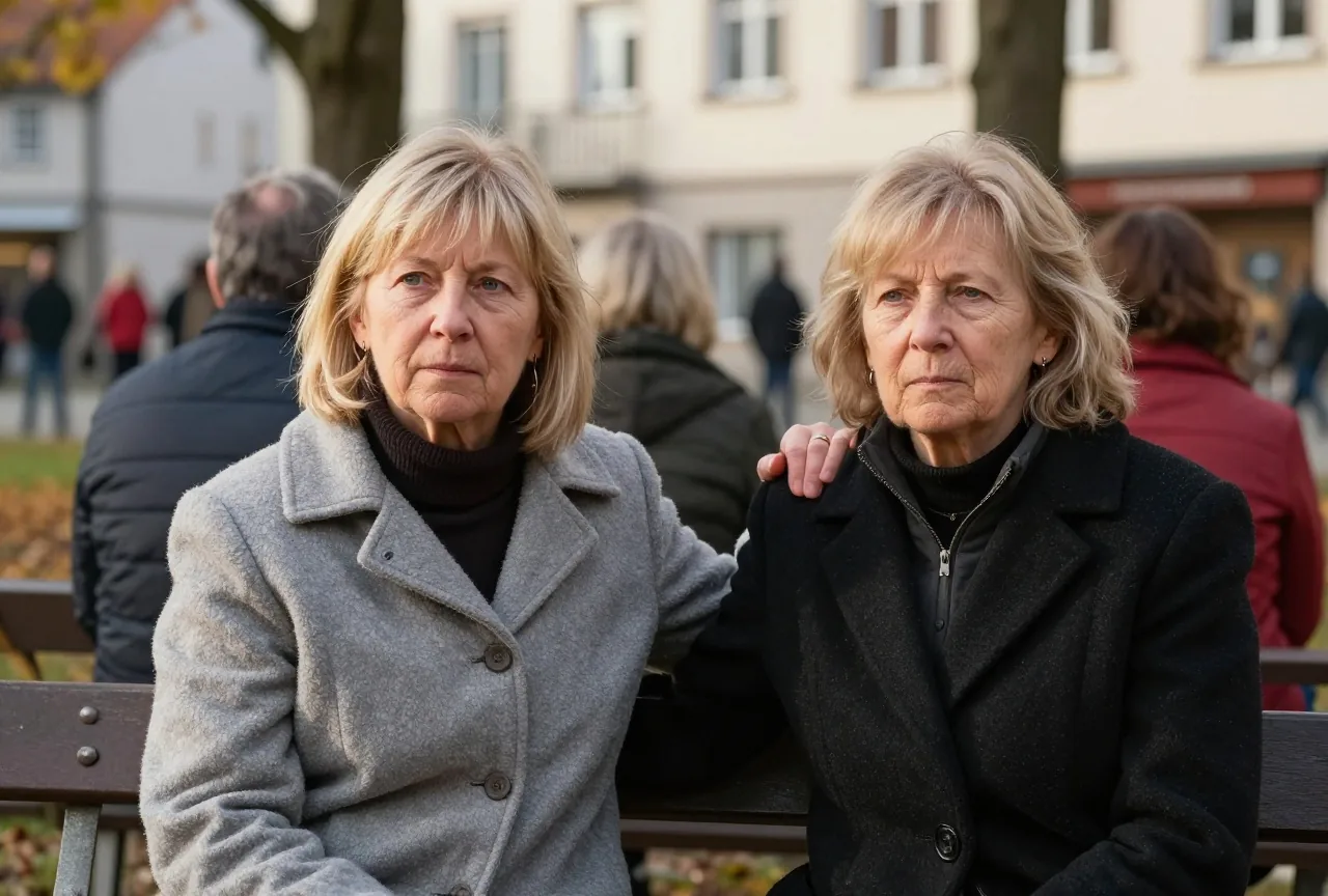 Zwei Frauen in den Sechzigern sitzen im Herbst auf einer Parkbank, eine legt der anderen die Hand auf die Schulter
