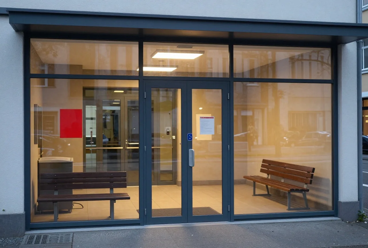 Die gläserne Eingangstür einer modernen Polizeiwache in der Dämmerung, innen warmes Licht, daneben eine leere Bank