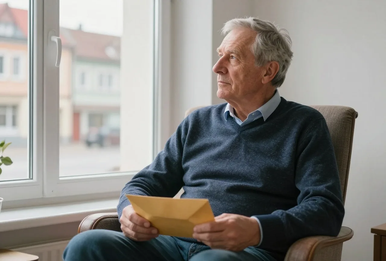 Ein älterer Mann sitzt im Sessel am Fenster, hält einen Briefumschlag auf dem Schoß und schaut hinaus