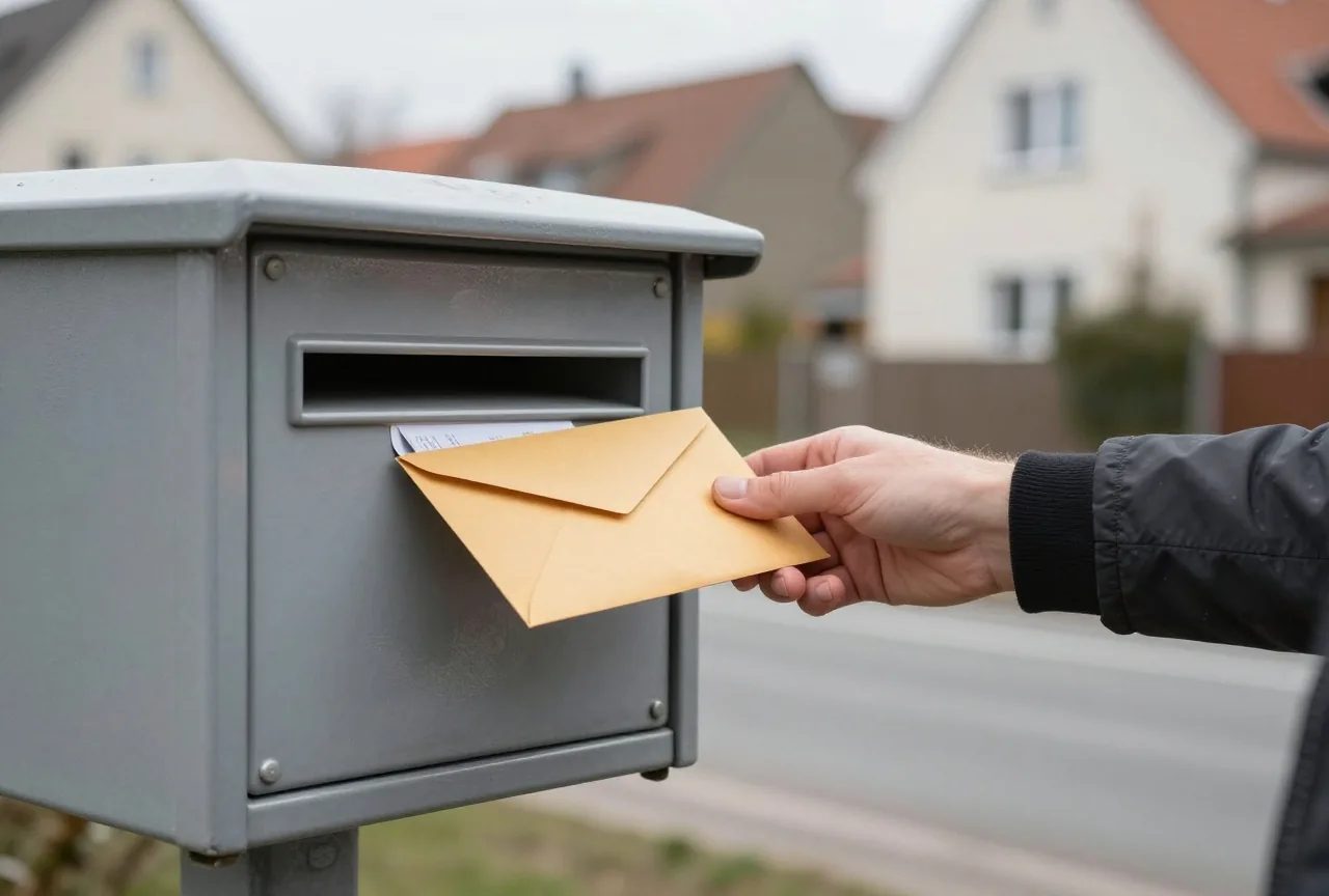 Eine Hand wirft einen Briefumschlag in einen schlichten Briefkasten an einer ruhigen Wohnstraße