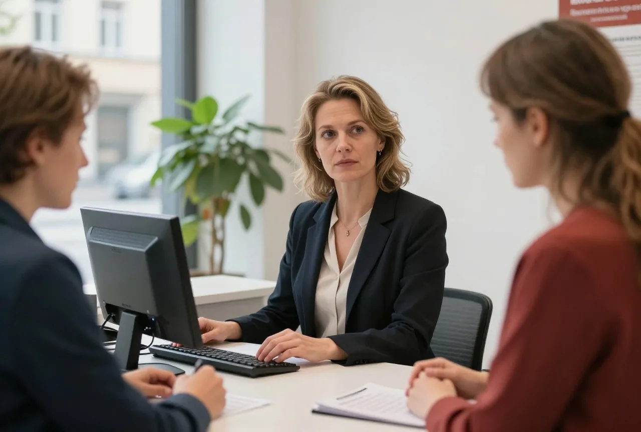 Eine Frau in den Fünfzigern spricht am Schalter einer hellen Bankfiliale mit einem Mitarbeiter, seitlich gesehen