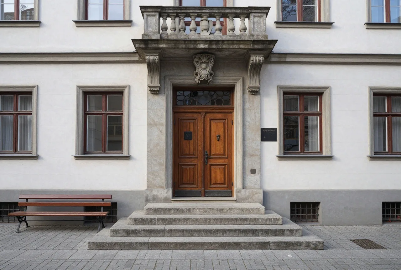 Steintreppe und schwere Holztüren eines alten Amtsgerichts an einem klaren Morgen, daneben eine leere Bank