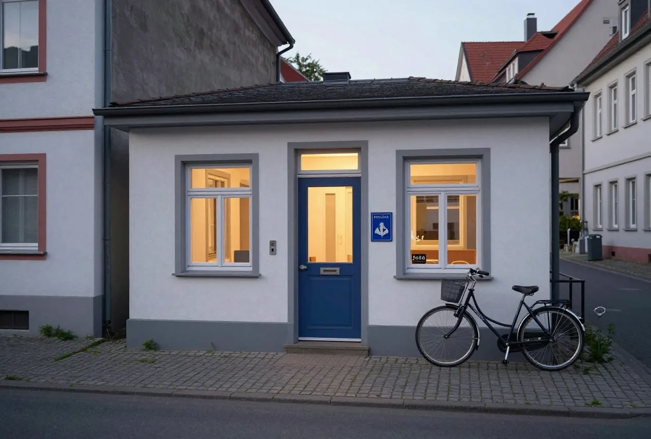 Der Eingang einer kleinen Polizeiwache an einer ruhigen Straße am frühen Abend, warmes Licht in den Fenstern