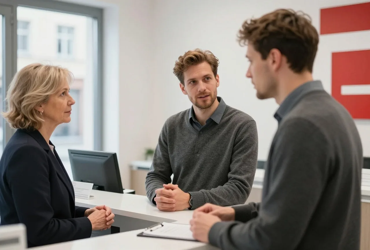 Ein Mann in den Dreißigern spricht am Bankschalter mit einer Mitarbeiterin in den Fünfzigern, helle Filiale
