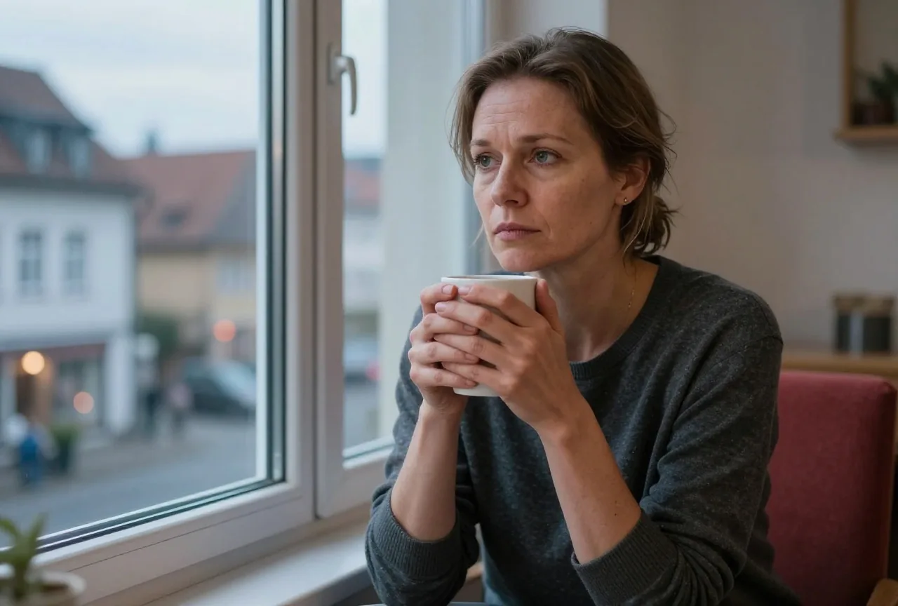 Eine Frau in den Vierzigern sitzt in der Dämmerung am Fenster und hält einen Becher in den Händen