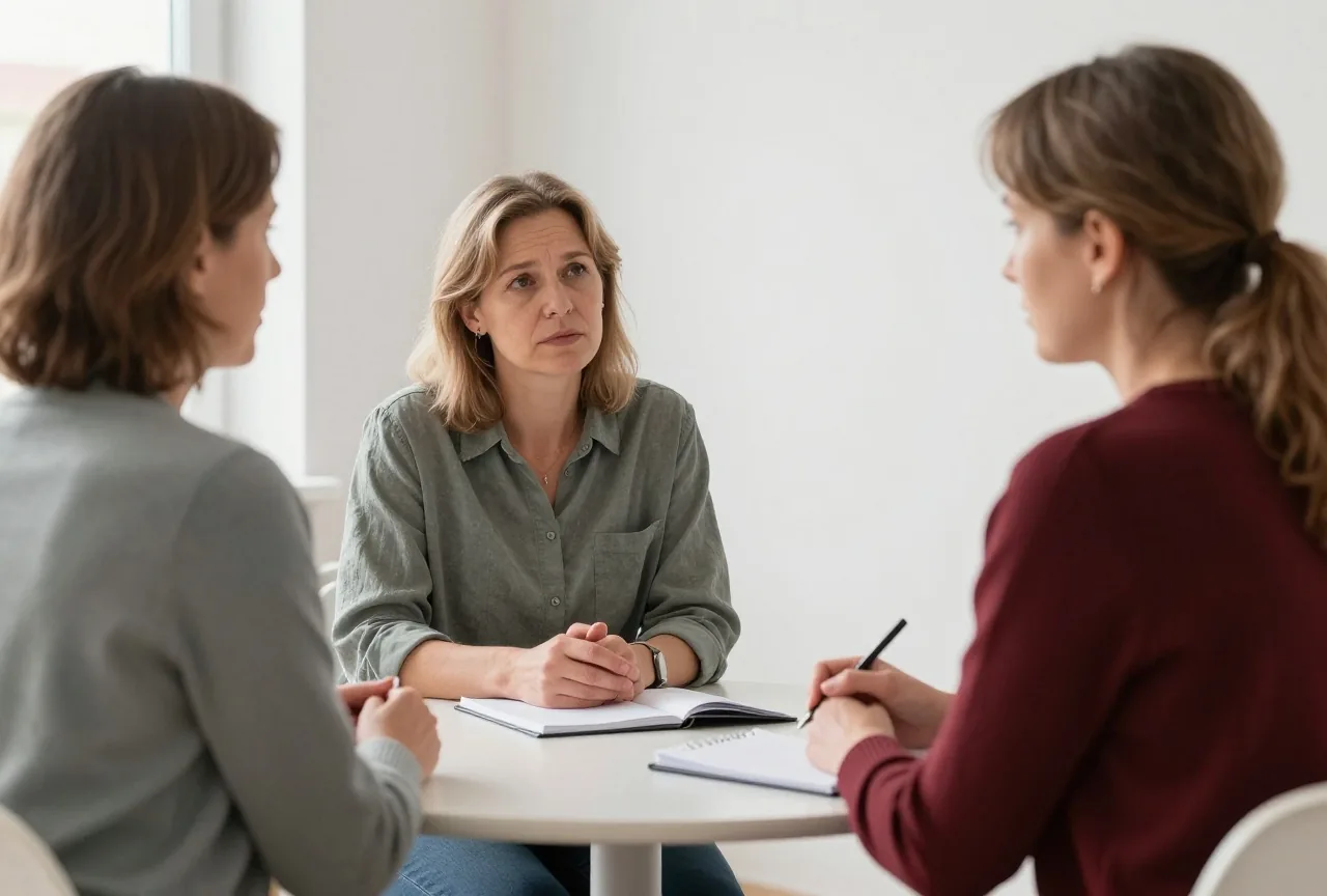 Zwei Frauen in den Fünfzigern und Sechzigern sprechen ruhig an einem kleinen Tisch in einem hellen Beratungsraum