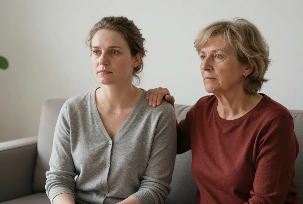 Eine erwachsene Tochter sitzt neben ihrer Mutter auf dem Sofa und legt ihr eine Hand auf die Schulter