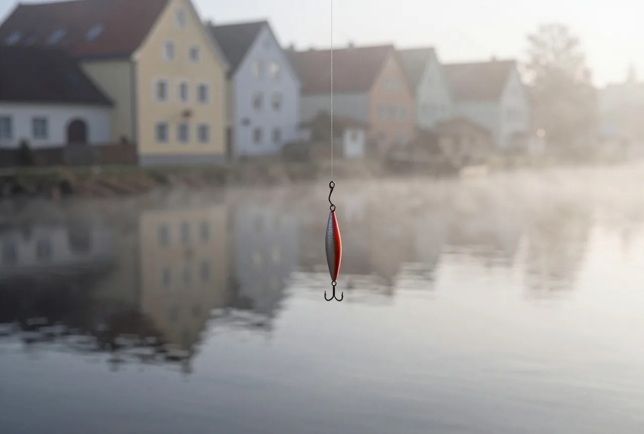 Ein Angelhaken mit einem glänzenden Köder hängt an einer Schnur über ruhigem dunklem Wasser im Morgendunst