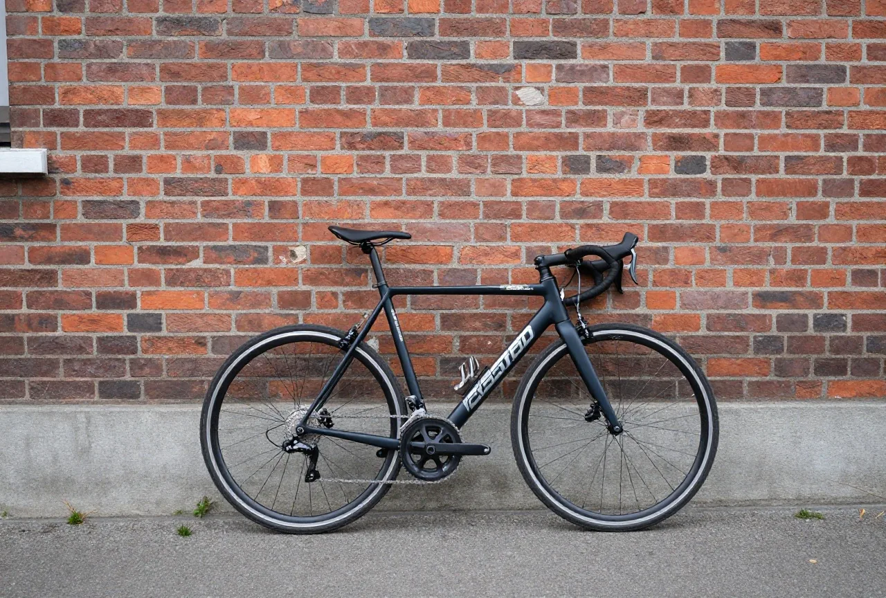 Ein teures Rennrad lehnt an einer Backsteinmauer in einem ruhigen Hinterhof im Morgenlicht