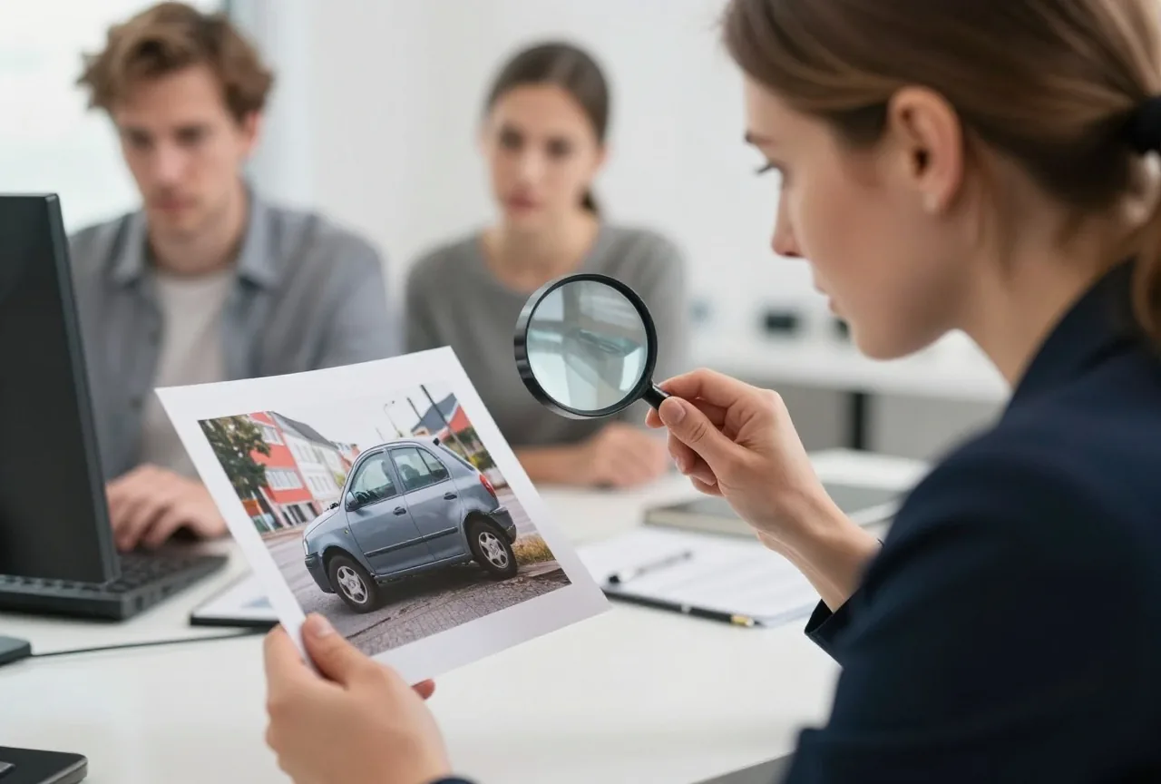Eine Frau in den Vierzigern prüft mit einer Lupe das Foto einer verbeulten Autotür an einem hellen Schreibtisch