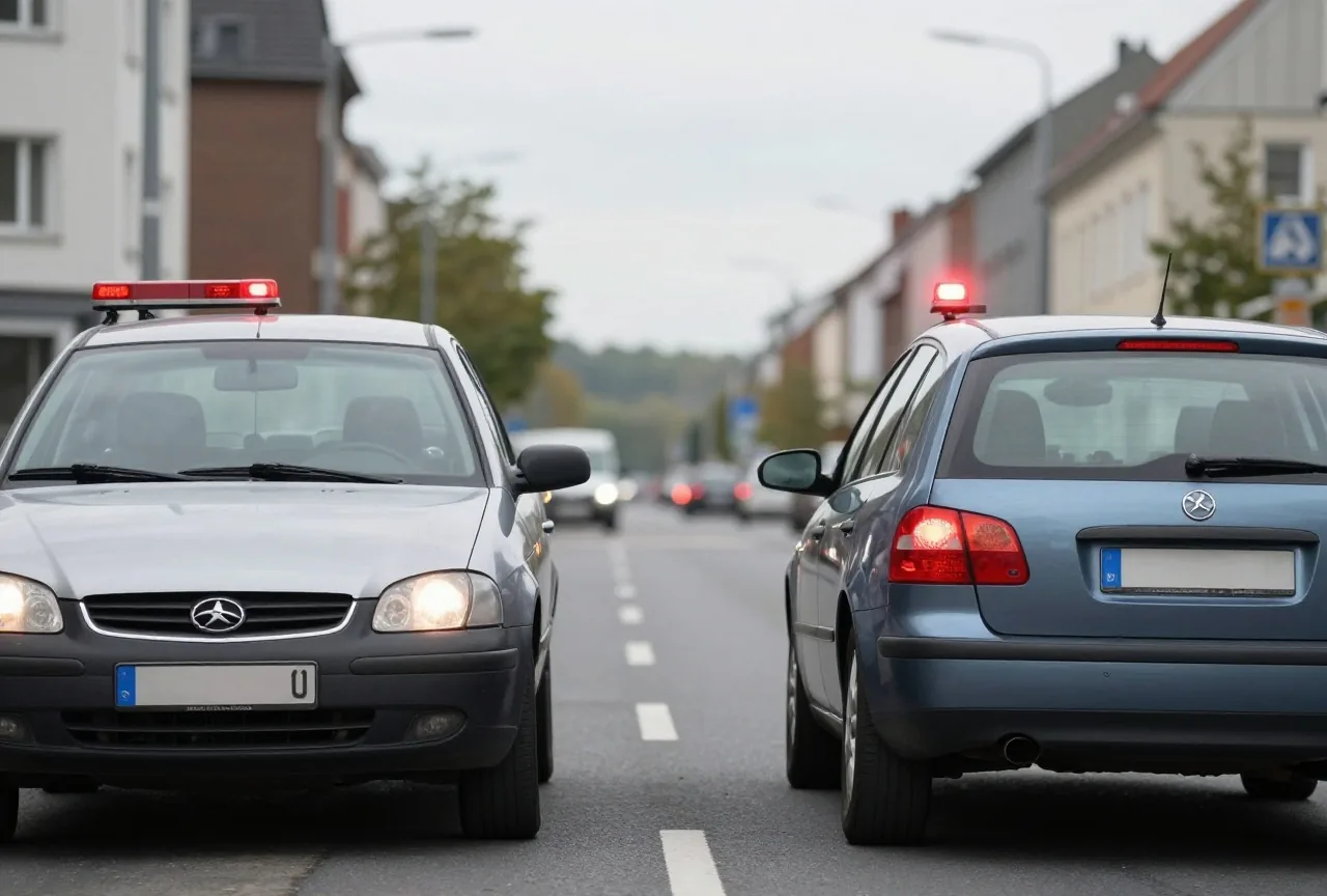 Zwei Autos stehen dicht hintereinander an einer Einmündung mit parallelen Fahrstreifen, Warnblinker an