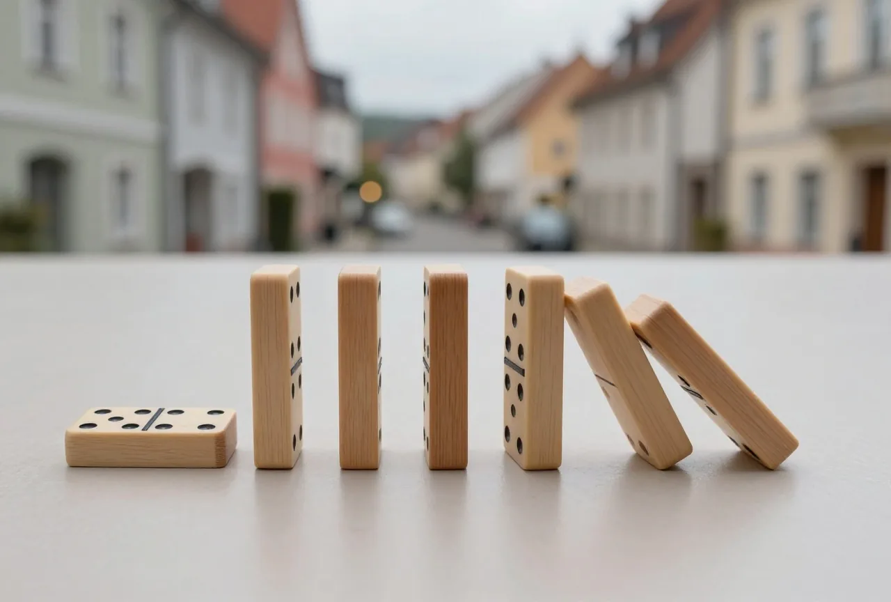 Fünf hölzerne Dominosteine stehen aufrecht auf einem Tisch, der erste beginnt umzufallen