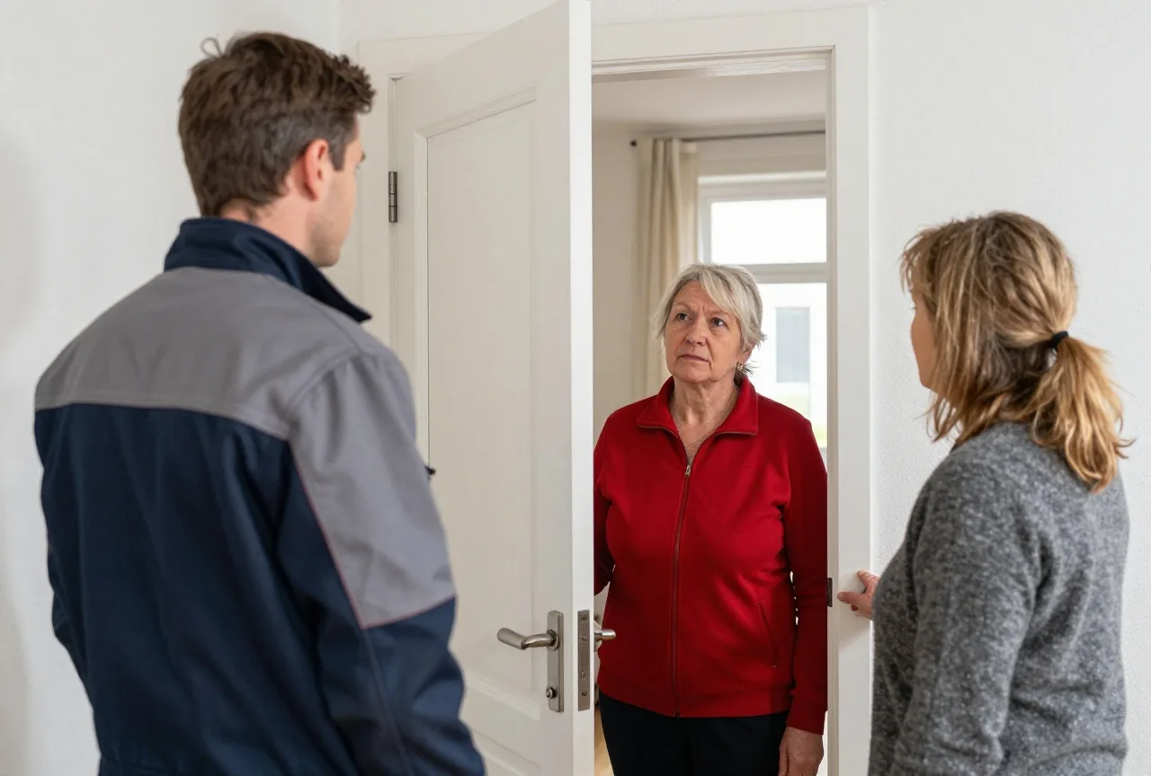 Ein Mann in Arbeitsjacke steht im Hausflur vor einer offenen Wohnungstür, eine ältere Frau hält die Tür