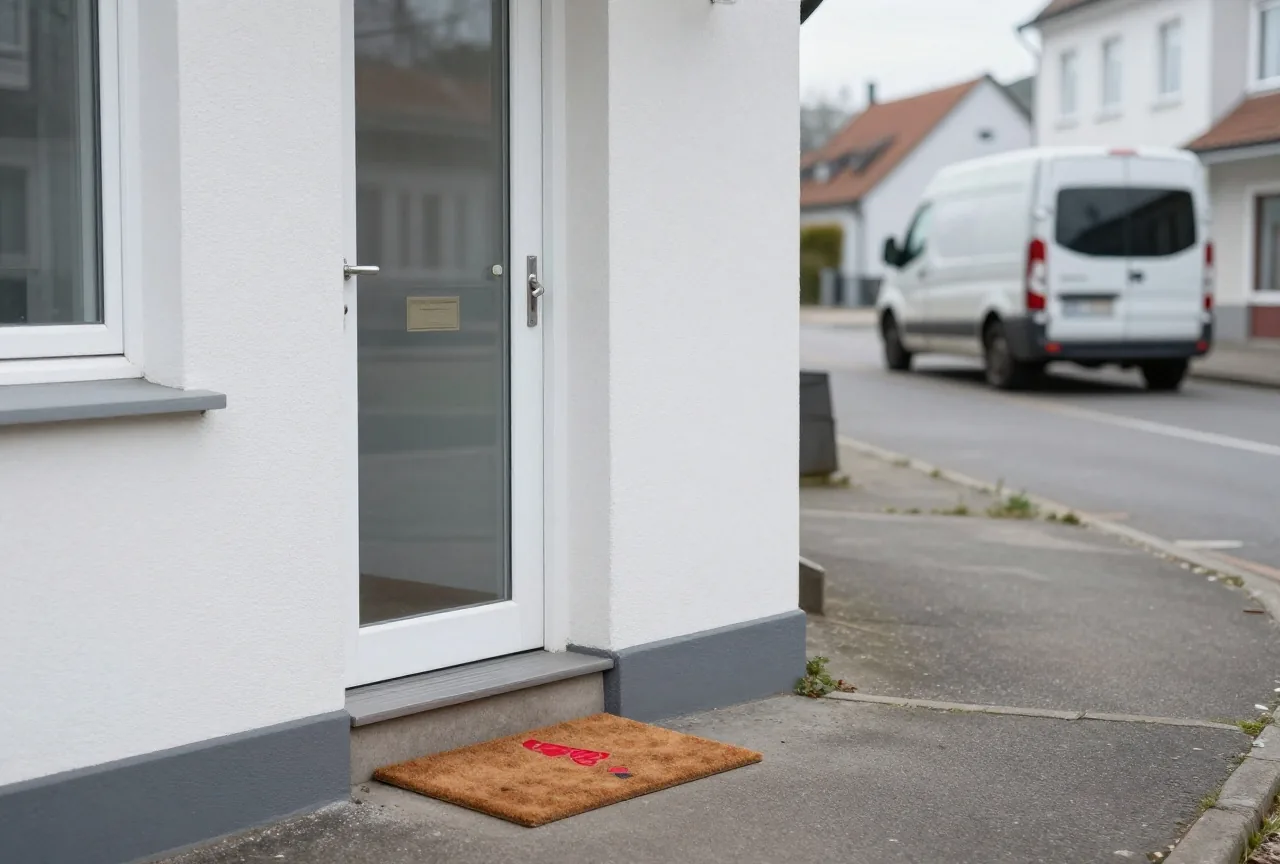 Eine leere Haustürschwelle mit Fußmatte ohne Paket, im Hintergrund fährt unscharf ein Lieferwagen davon