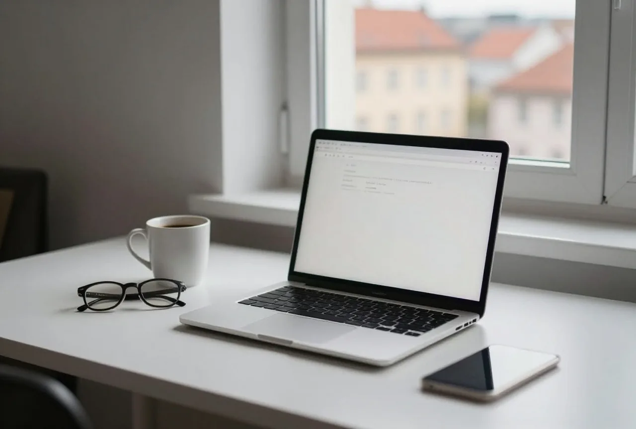 Ein zugeklappter Laptop auf einem Schreibtisch im Arbeitszimmer neben Kaffeetasse und Lesebrille im Morgenlicht