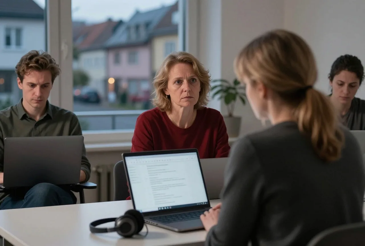 Eine Frau in den Sechzigern sitzt abends von hinten gesehen am Schreibtisch vor einem Laptop, daneben ein Headset