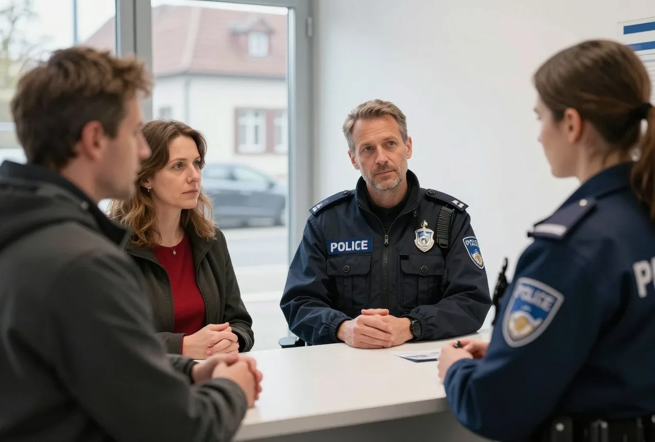 Ein Paar in den Vierzigern spricht in einer hellen Polizeiwache am Tresen mit einer Polizistin, seitlich gesehen