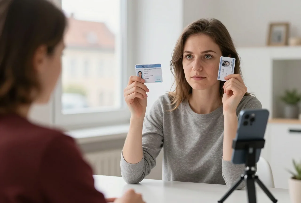 Eine Frau in den Dreißigern hält am Schreibtisch einen Ausweis neben ihr Gesicht, ein Smartphone steht seitlich auf einem Stativ