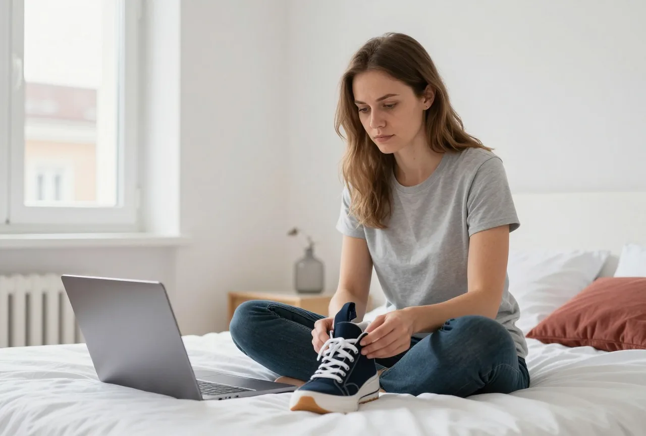 Eine junge Frau sitzt auf dem Bett und betrachtet einen neuen Turnschuh genau, daneben ein zugeklappter Laptop