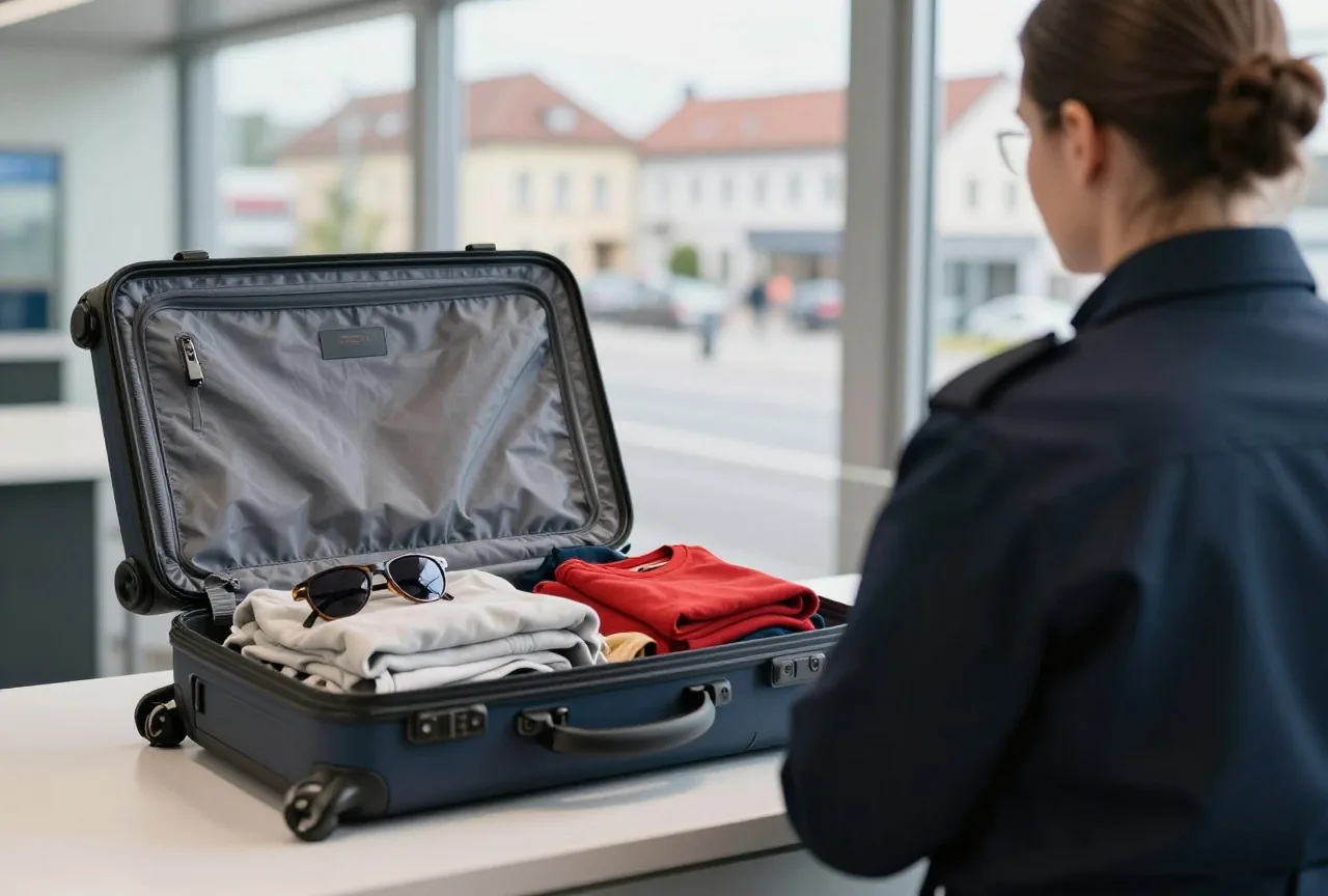 Ein geöffneter Koffer mit Kleidung und Sonnenbrille auf einem Kontrolltisch am Flughafen, ein Beamter von hinten gesehen