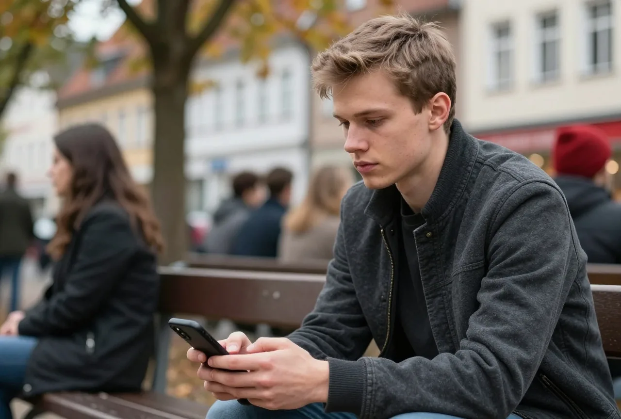 Ein junger Mann sitzt auf einer Parkbank, hält ein Smartphone und blickt nachdenklich, im Hintergrund Herbstbäume