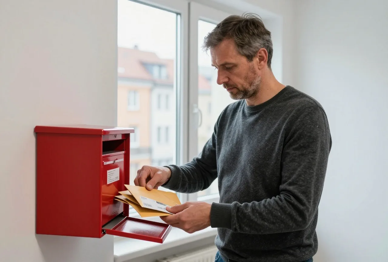 Ein Mann in den Fünfzigern nimmt im Treppenhaus mehrere Briefumschläge aus seinem Briefkasten