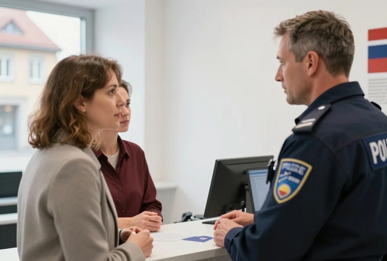 Eine Frau in den Vierzigern spricht am Tresen einer Polizeiwache mit einem uniformierten Beamten
