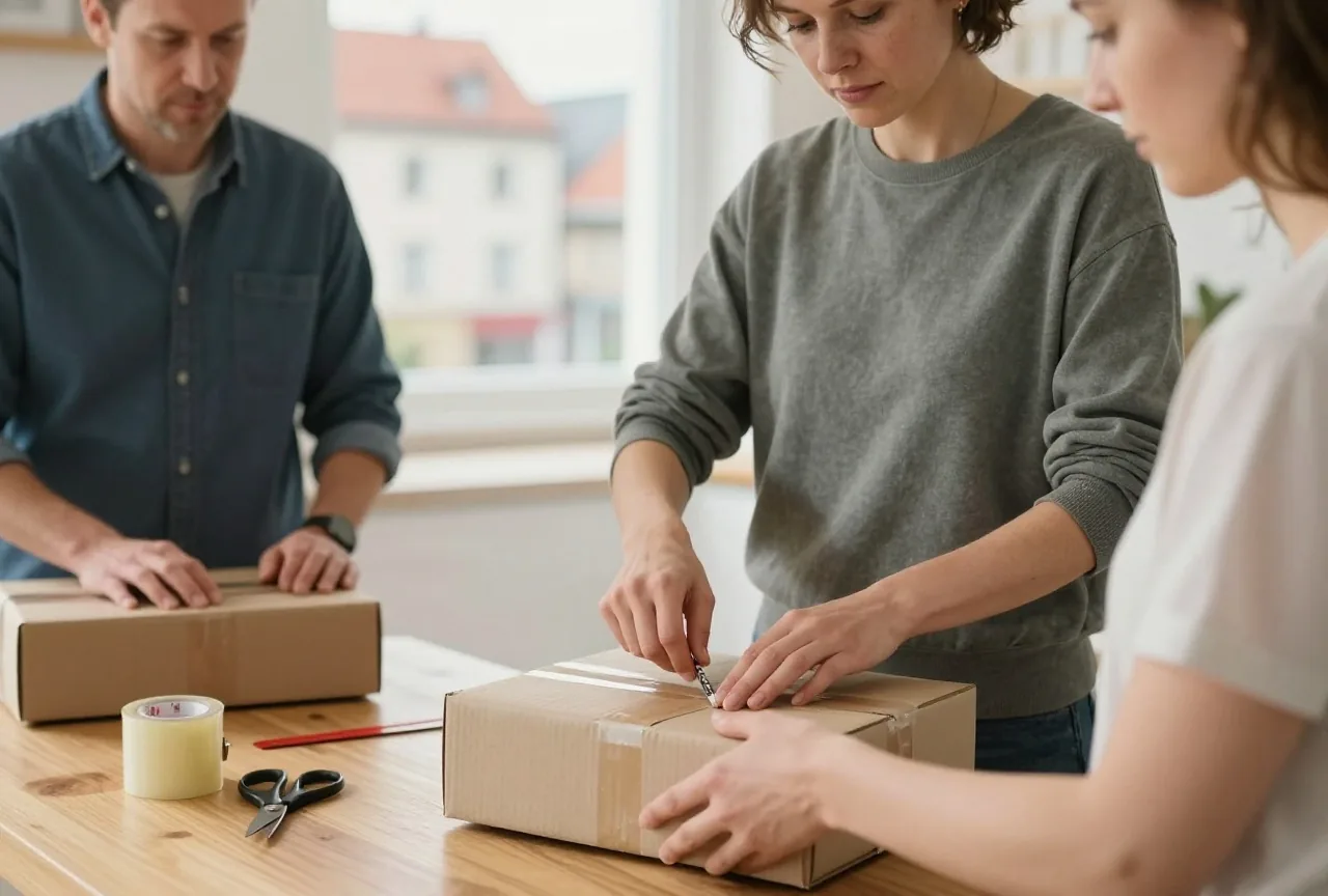 Eine Frau in den Dreißigern klebt am Küchentisch einen Paketkarton zu, daneben Klebeband und Schere