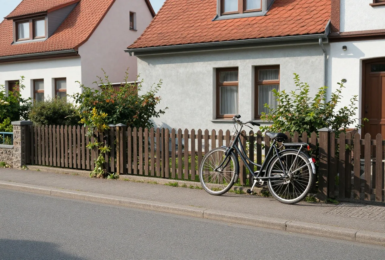 Ein gebrauchtes Fahrrad lehnt in der Nachmittagssonne an einem Gartenzaun vor einem Reihenhaus