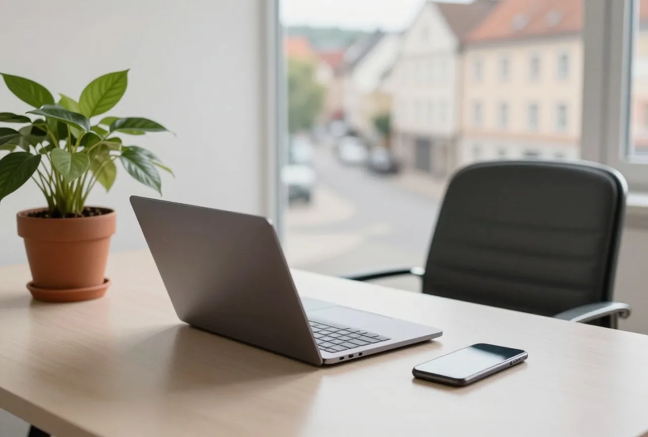 Ein zugeklappter Laptop und ein umgedrehtes Telefon liegen auf einem Schreibtisch neben einer Zimmerpflanze