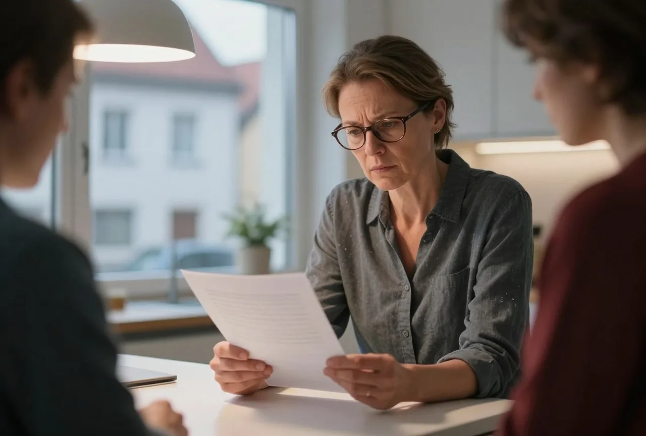Eine Frau in den Fünfzigern steht abends an der Küchenarbeitsplatte und liest besorgt ein Blatt Papier