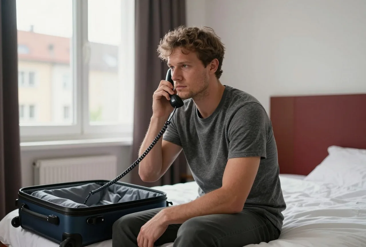 Ein Mann in den Dreißigern sitzt auf einem Hotelbett und telefoniert mit dem Zimmertelefon, daneben ein offener Koffer