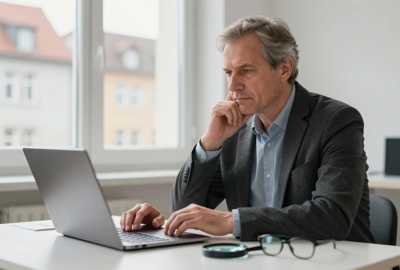 Ein Mann in den Sechzigern sitzt nachdenklich am Schreibtisch, vor ihm ein zugeklappter Laptop, eine Lupe und eine Brille