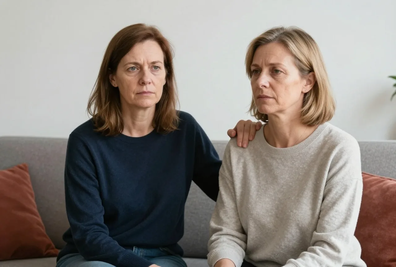 Zwei Frauen in den Fünfzigern sitzen auf einem Sofa, die eine legt der anderen tröstend die Hand auf die Schulter