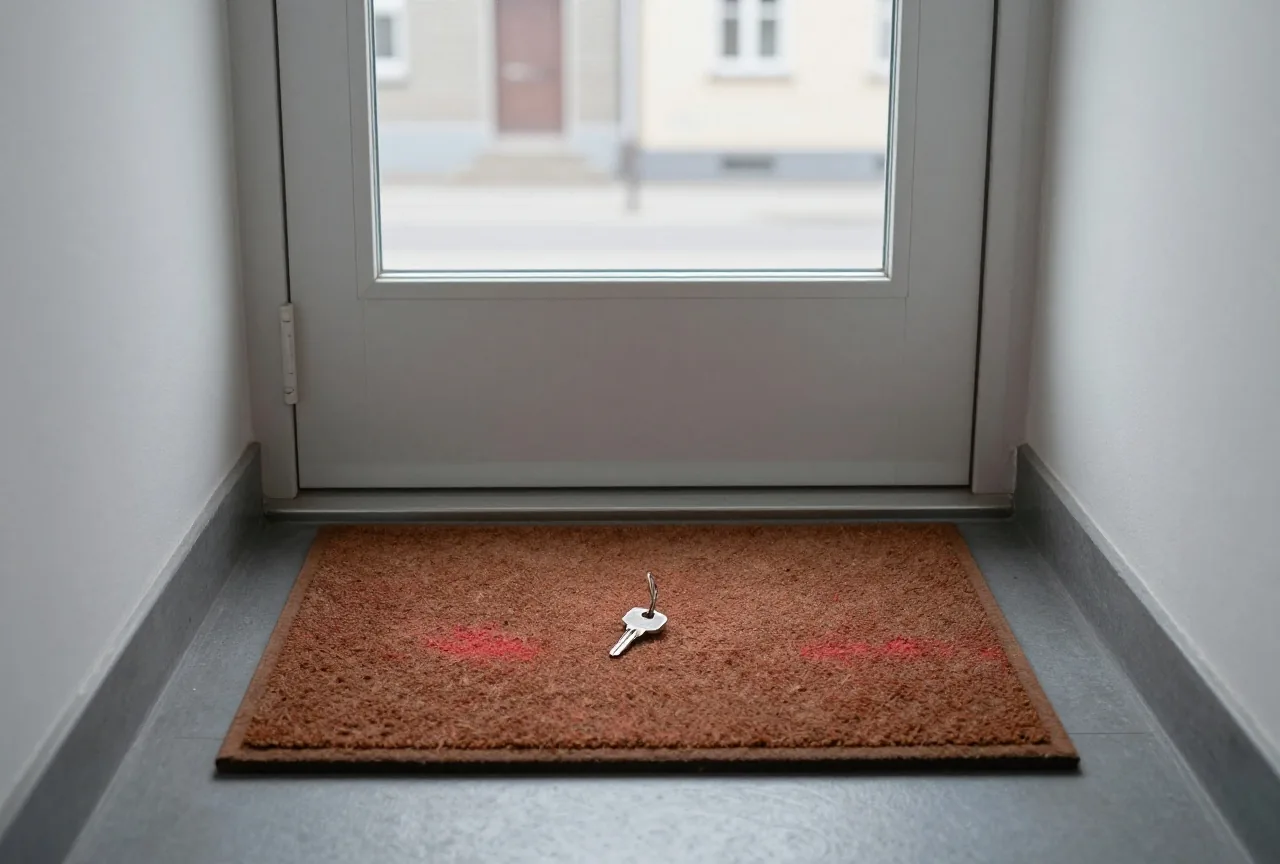 Eine geschlossene Wohnungstür im Treppenhaus, auf der Fußmatte davor liegt ein einzelner Schlüssel