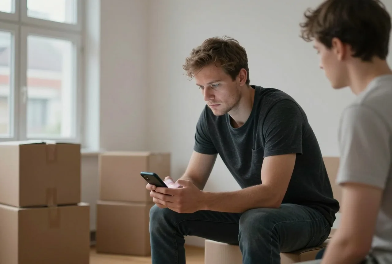 Ein Mann in den Dreißigern sitzt auf Umzugskartons und blickt skeptisch auf sein Handy