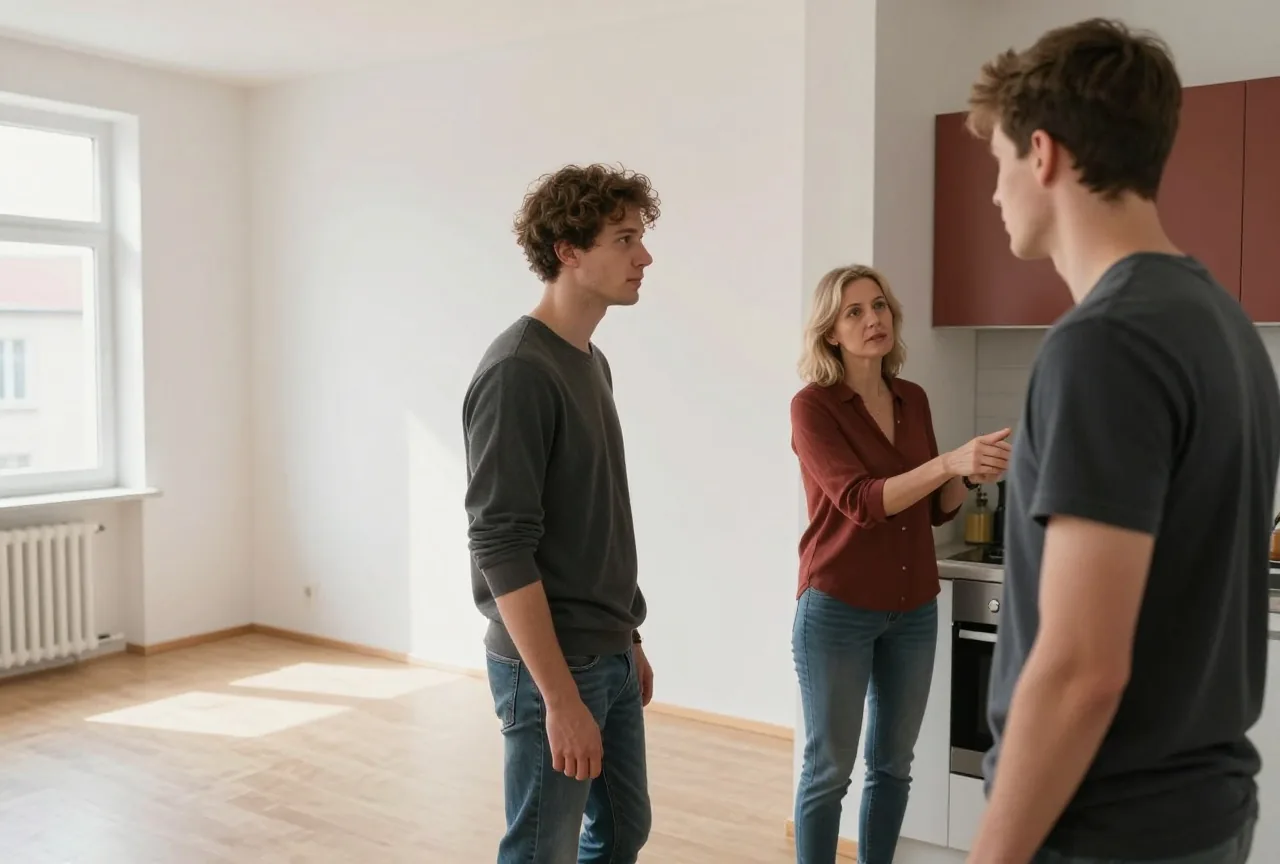 Zwei junge Erwachsene besichtigen mit einer Frau in den Fünfzigern eine sonnige, leere Wohnung