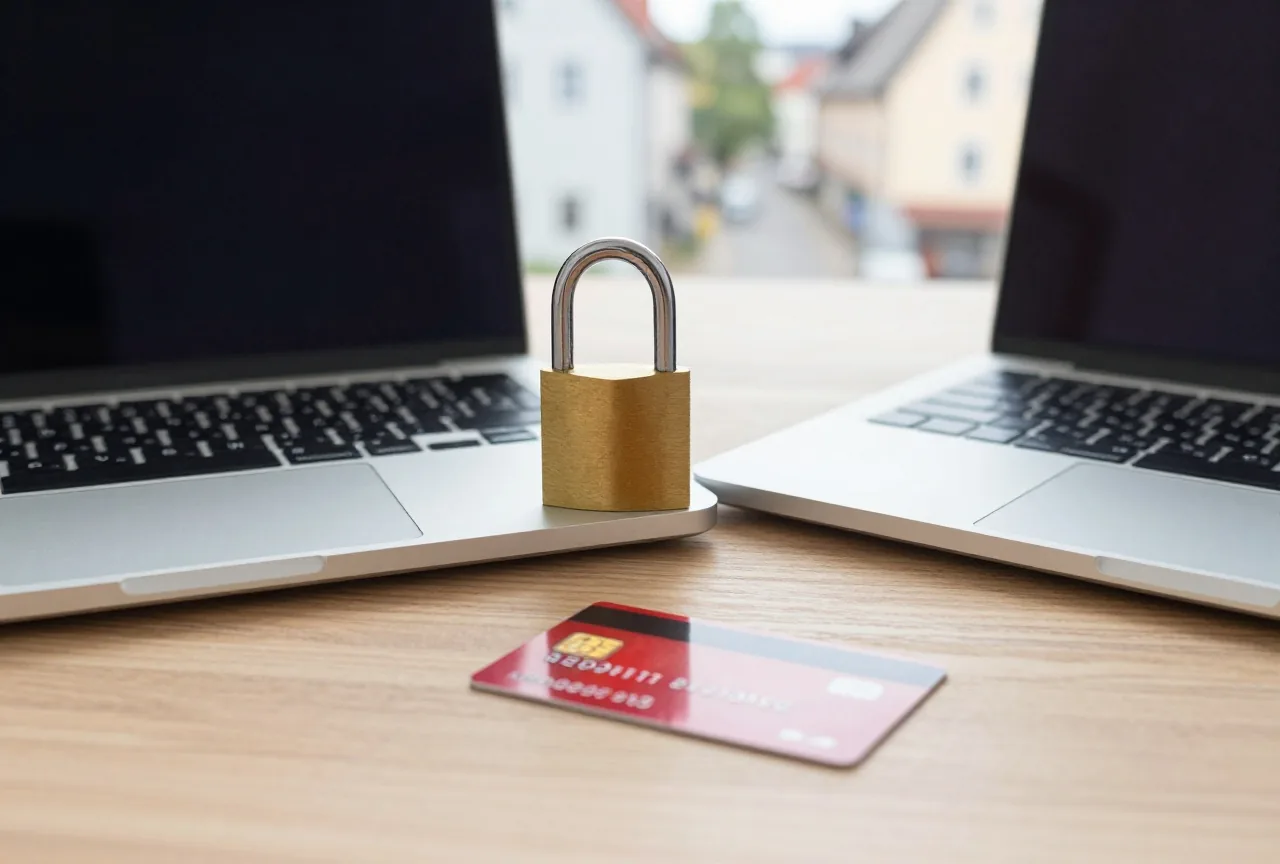Ein Vorhängeschloss liegt auf einem zugeklappten Laptop, daneben eine umgedrehte Bankkarte auf einem Holzschreibtisch