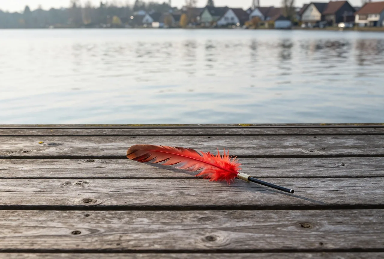 Ein bunter Angelköder mit Federn liegt auf einem verwitterten Holzsteg vor einem ruhigen See