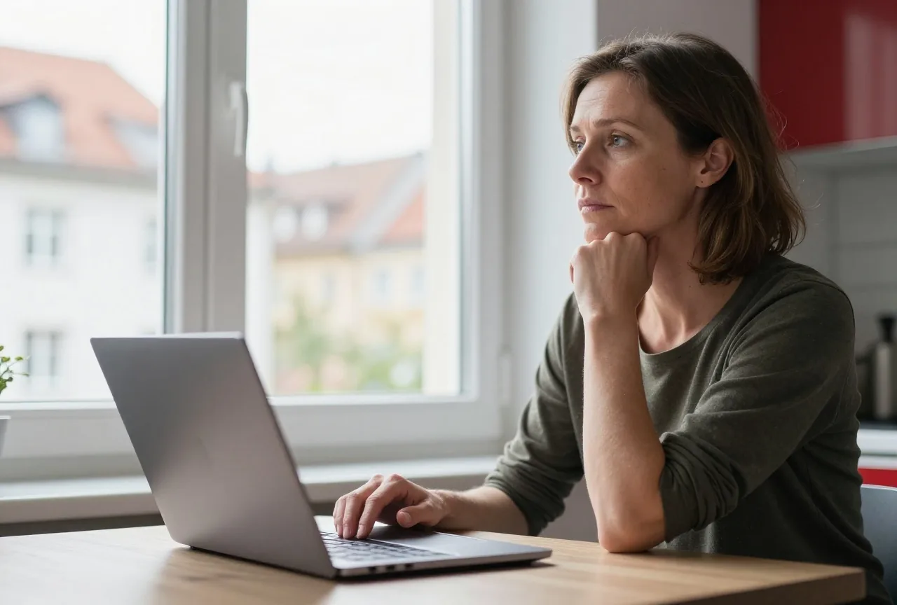Eine Frau in den Vierzigern sitzt am Küchentisch, die Hand auf dem zugeklappten Laptop, und blickt aus dem Fenster