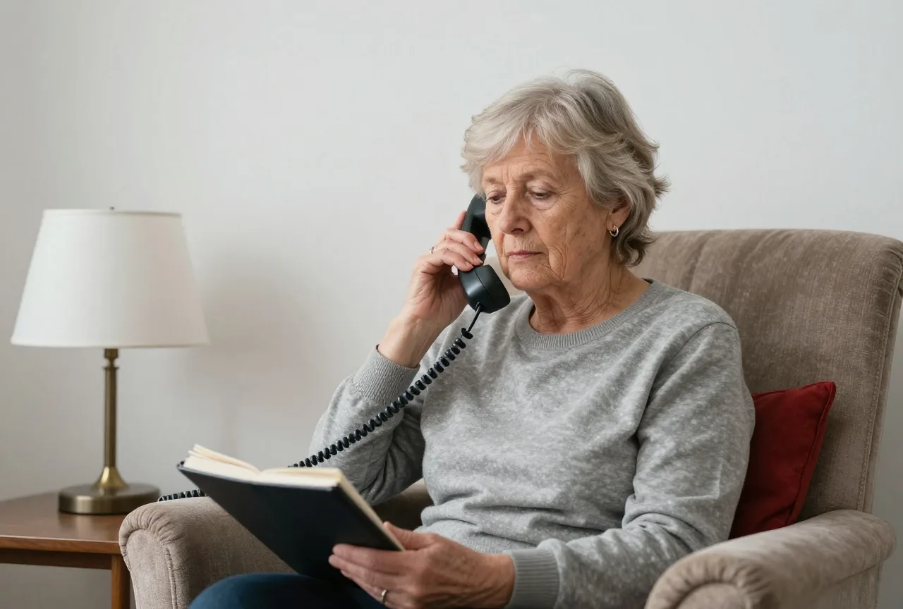 Eine Frau in den Siebzigern sitzt im Sessel und telefoniert mit dem Festnetztelefon, daneben eine Leselampe