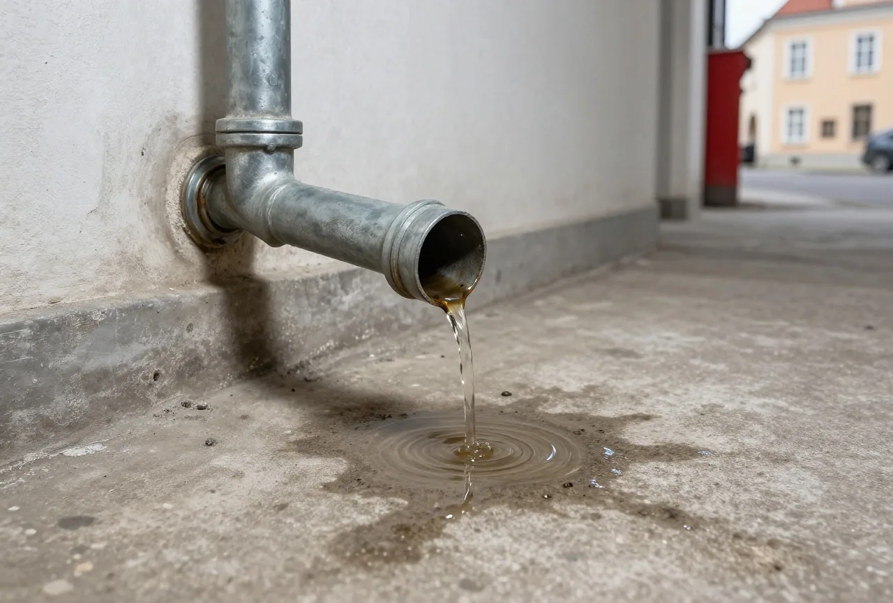 Aus einem alten Metallrohr im dunklen Keller tropft Wasser in eine kleine Pfütze auf dem Betonboden
