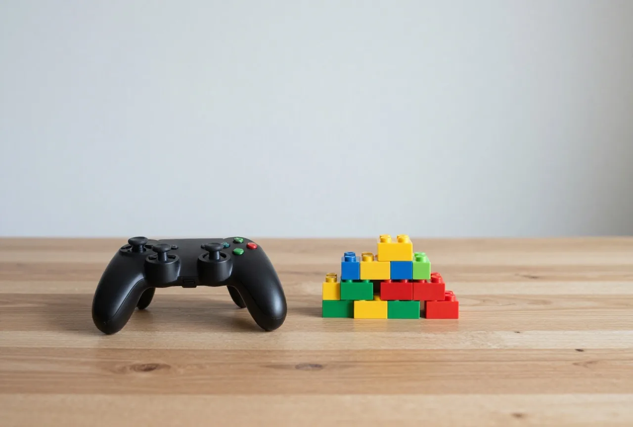 Ein Spielecontroller liegt neben einem kleinen Stapel bunter Kunststoffbausteine auf einem hellen Holztisch