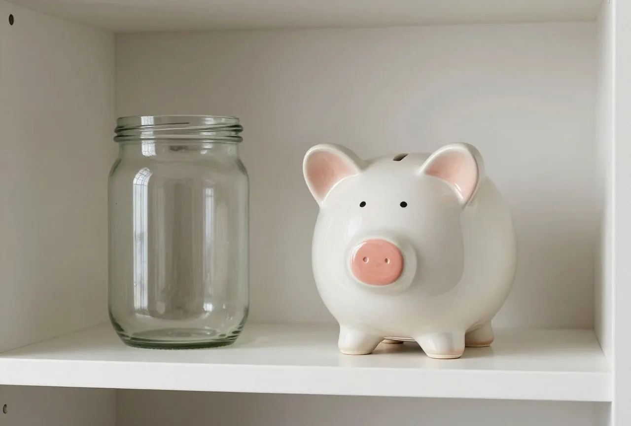 Ein Sparschwein aus Keramik steht neben einem leeren Glas auf einem weißen Regal im Sonnenlicht