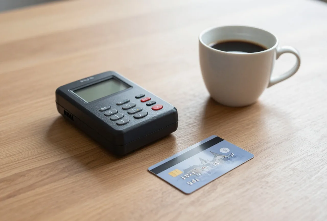 Ein kleines Kartenlesegerät und eine Bankkarte liegen neben einer Kaffeetasse auf einem Holztisch