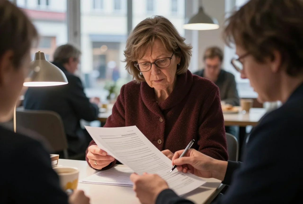 Eine Frau in den Sechzigern prüft am Esstisch mit Lesebrille und Stift einen Stapel ausgedruckter Kontoauszüge