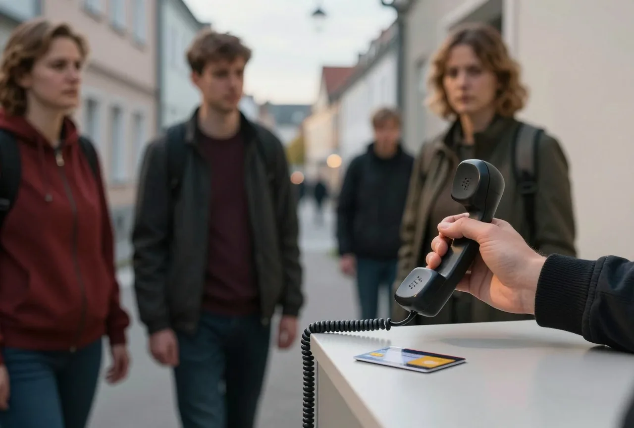 Eine Hand hält einen Telefonhörer, daneben liegt eine Bankkarte auf einer Kommode im Flur