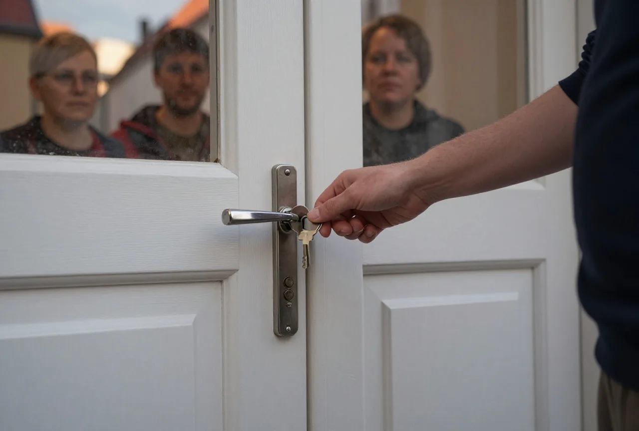 Eine Hand schließt das obere von zwei Schlössern an einer Wohnungstür im Treppenhaus auf